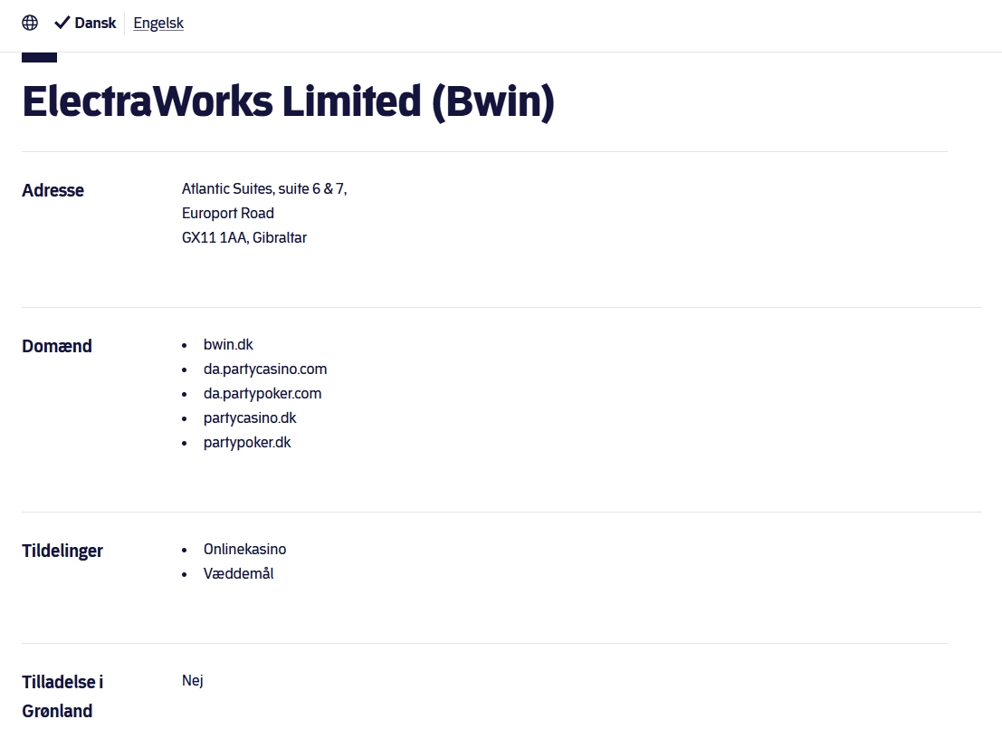 Spillemyndighedens operatørside for ElectraWorks Limited Bwin